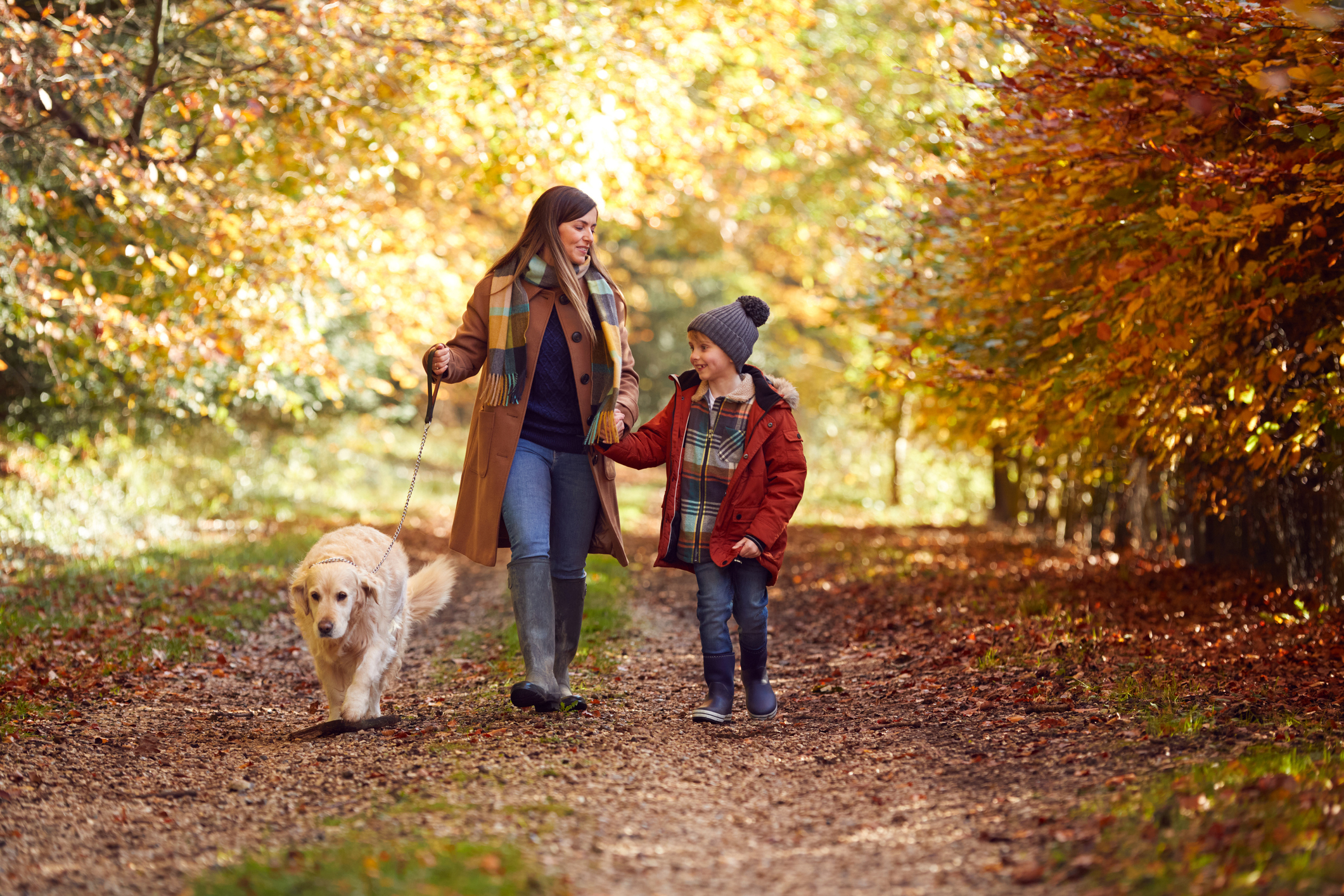 Family walking during the fall