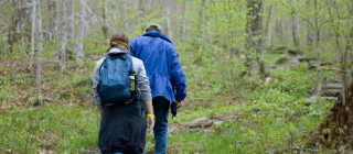 two hikers walking in the forest