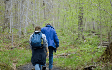 two hikers walking in the forest