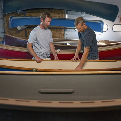 Canoe-shop.jpg Two men making canoes in Vermont
