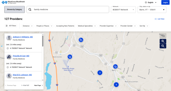 Map view of the find a doctor tool