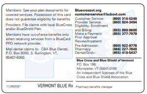 BlueCross BlueShield Vermont Member ID Card - Vermont Blue Rx 