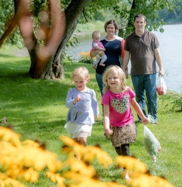 a family walking outside